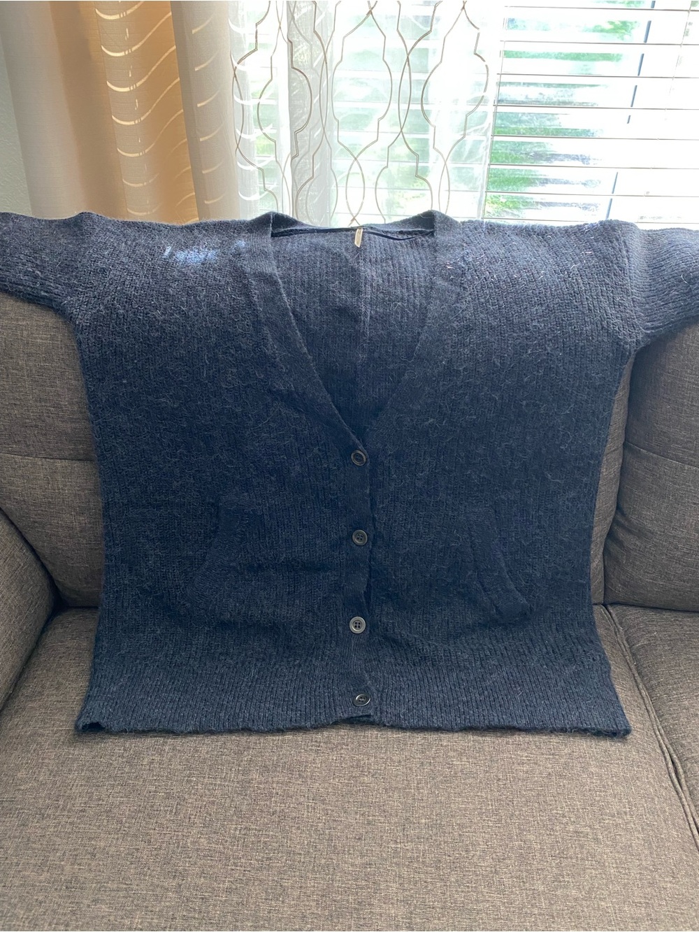 Free People Navy Button Front V‑Neck Cardigan